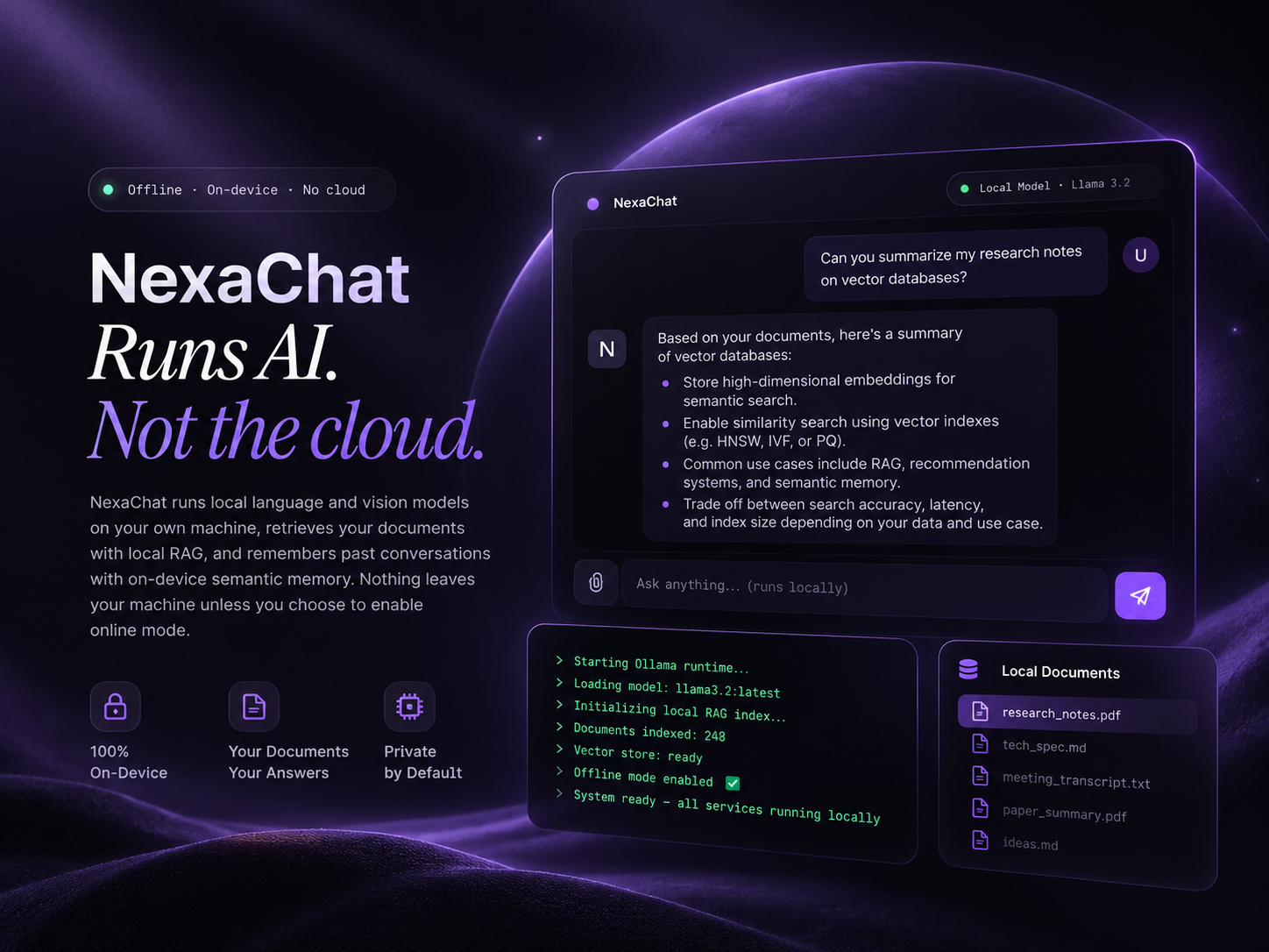 NexaChat local AI chat and document retrieval in purple project artwork