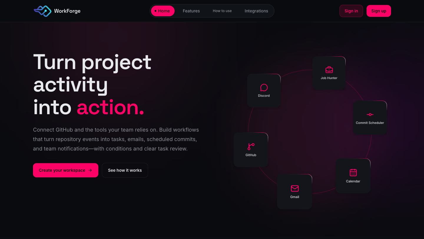 WorkForge dark-theme home page showing workflow integrations